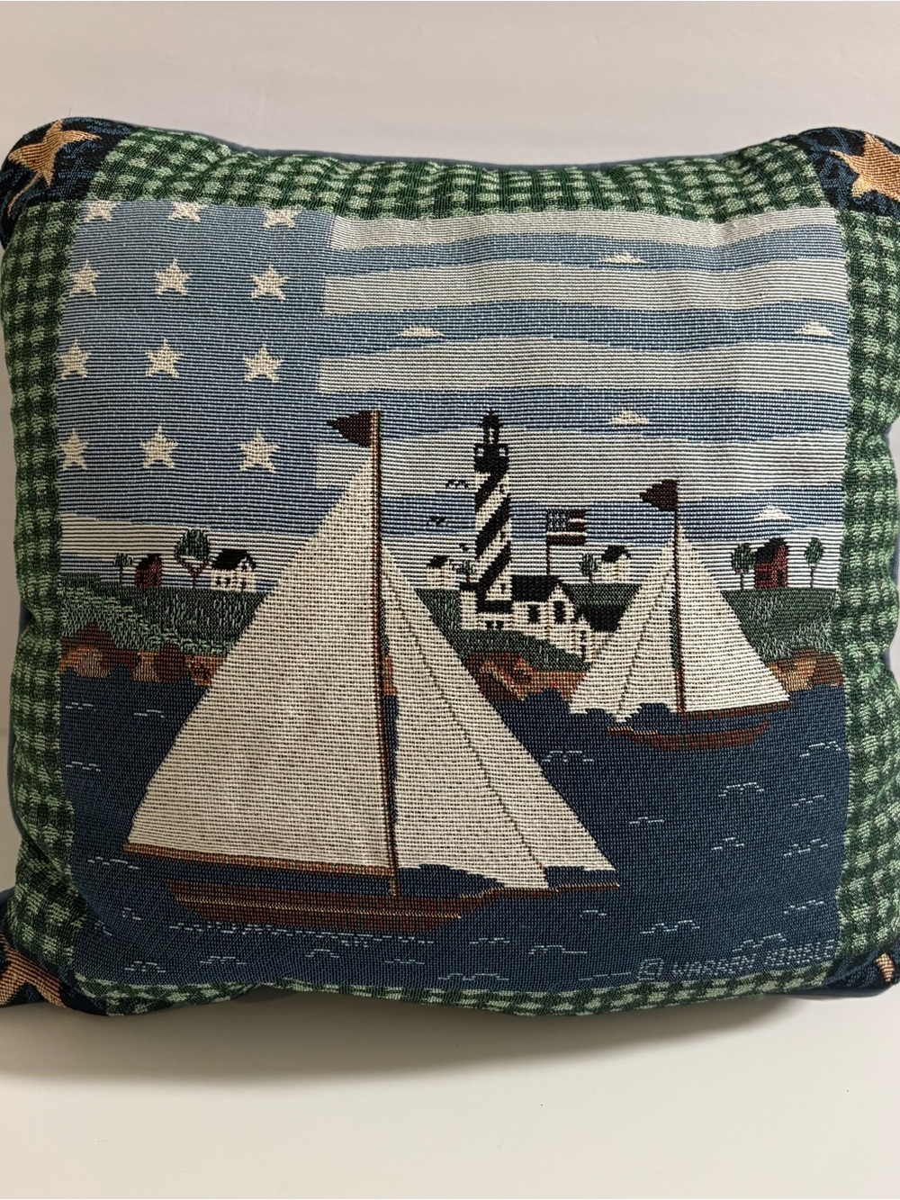 Warren Kimble Needlepoint Tapestry Throw Pillow Nautical Lighthouse Sailboat 15”